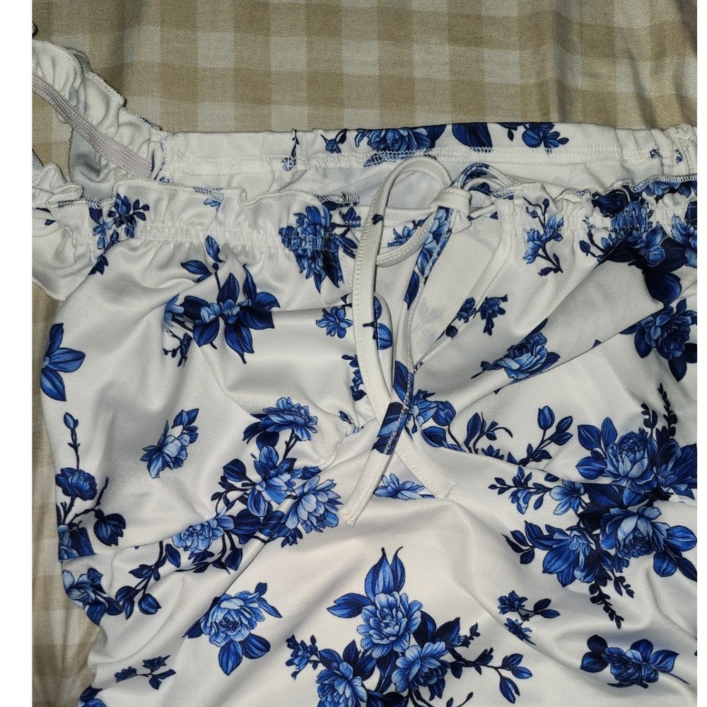 Blue Floral Off Shoulder Ruched Bodycon Mini Dress White Ruffle Hem Medium - Picture 4 of 5
